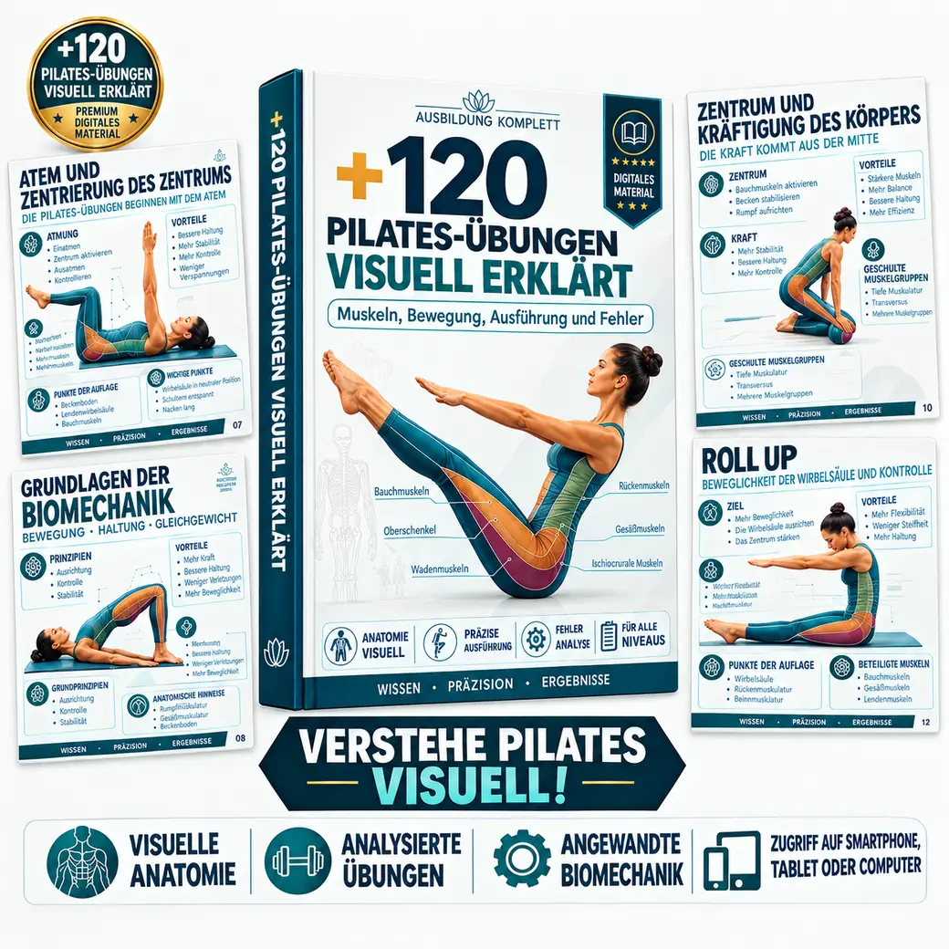 Cover und Tafeln des Guides +120 Pilates-Übungen visuell erklärt
